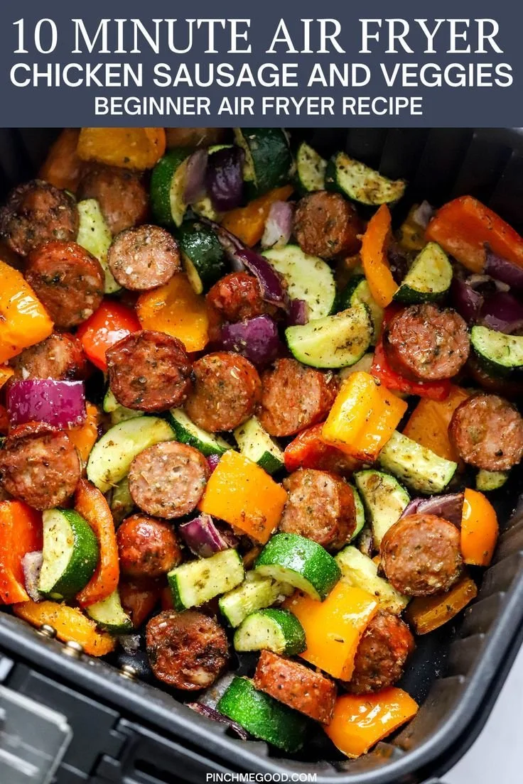 Delicious air fryer chicken sausage and veggies served on a plate
