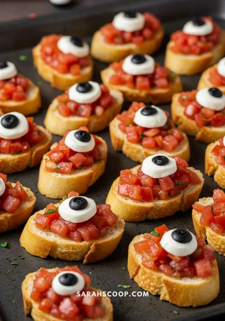 A variety of spooky Halloween appetizers on a festive table setting.
