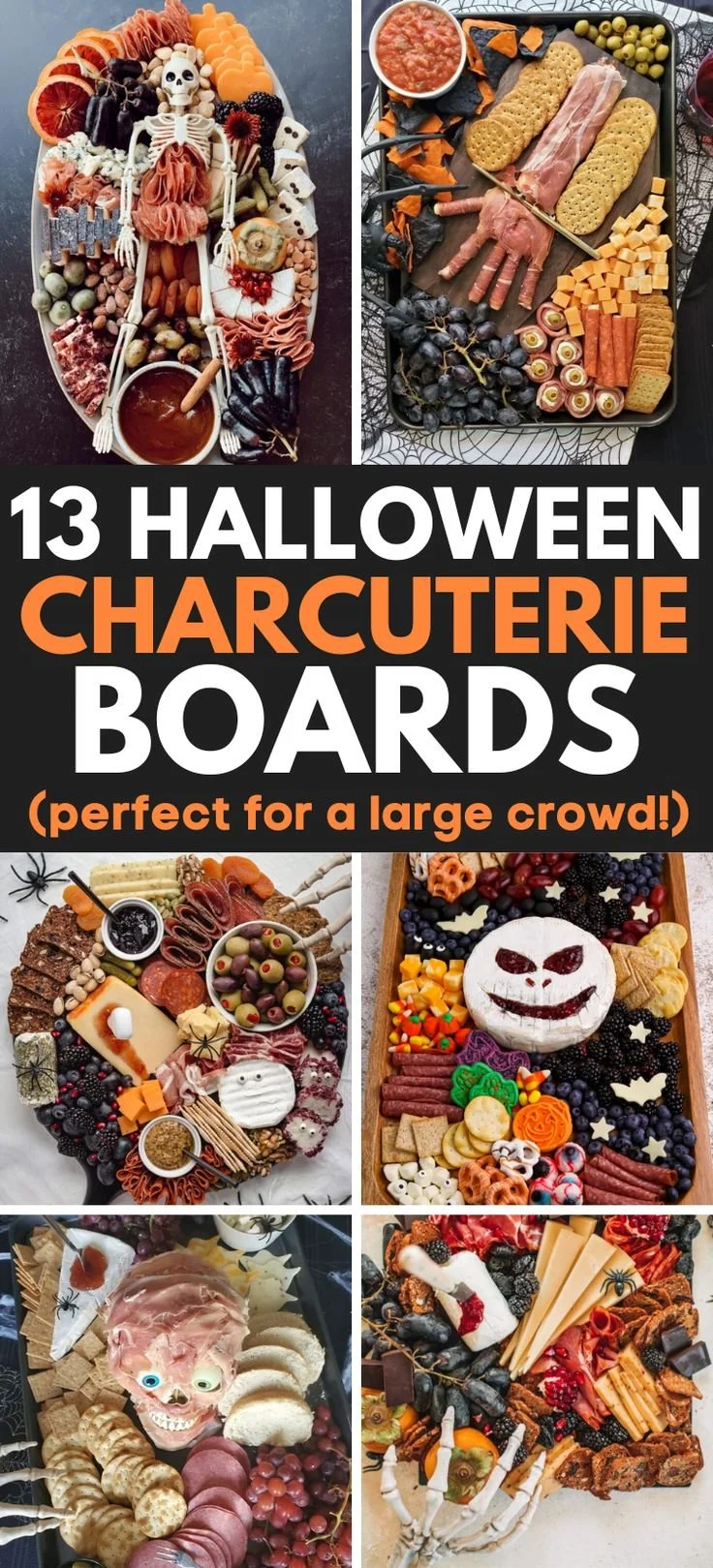 Spooky Halloween charcuterie board with festive treats and decorations.