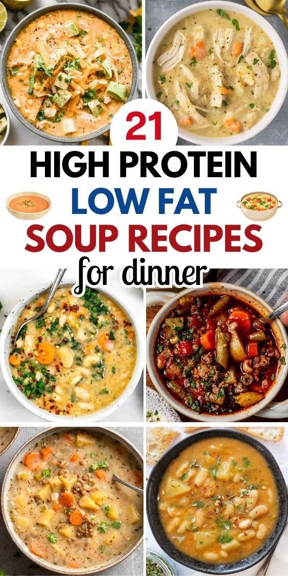 A variety of high protein low fat soup bowls filled with vegetables and ingredients