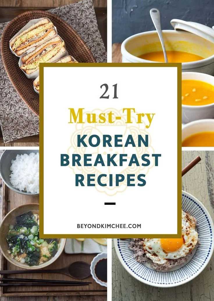 A variety of Korean breakfast foods including kimchee, rice, and eggs.