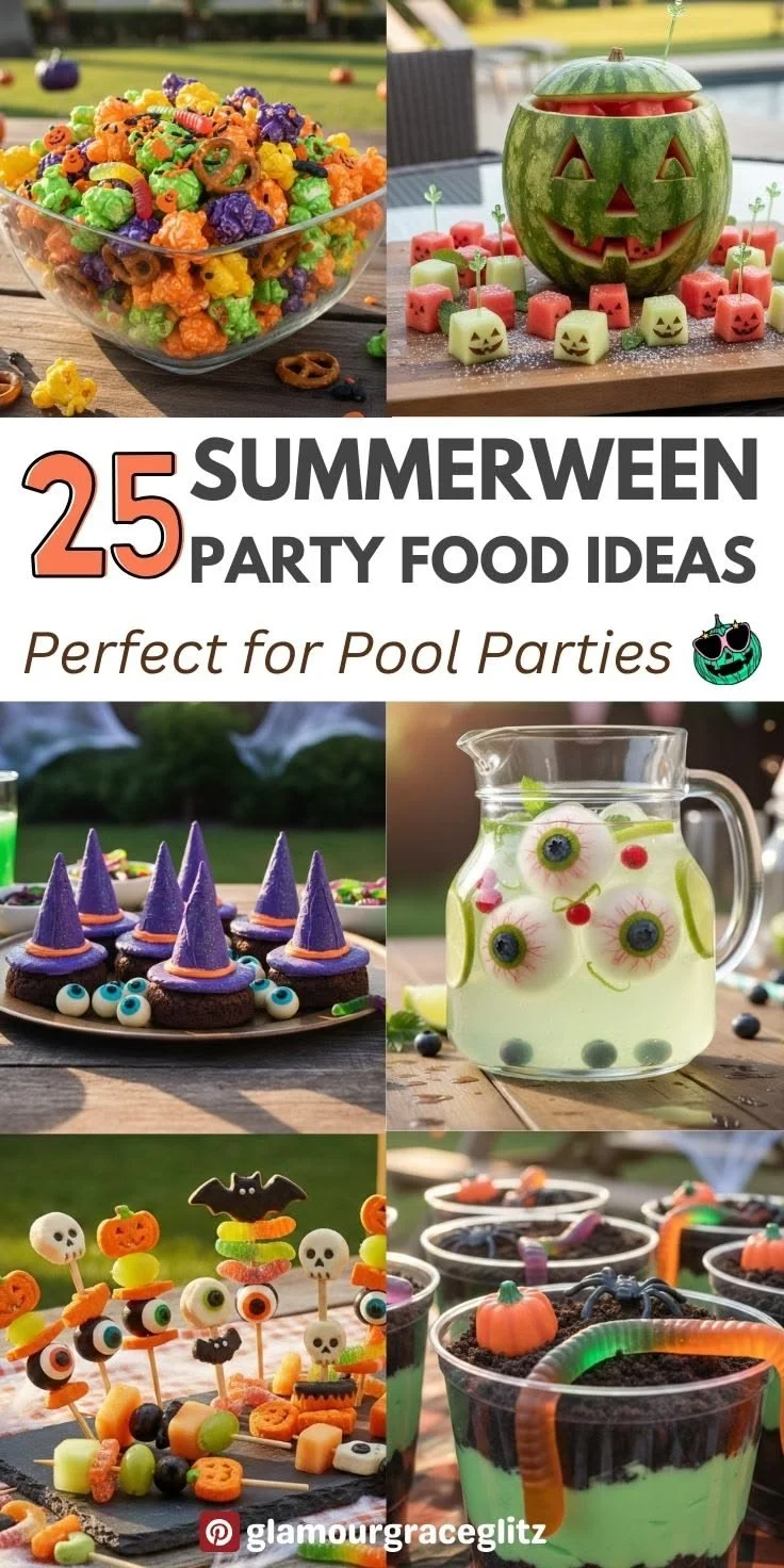 Colorful Summerween party food spread for pool parties and Halloween in July