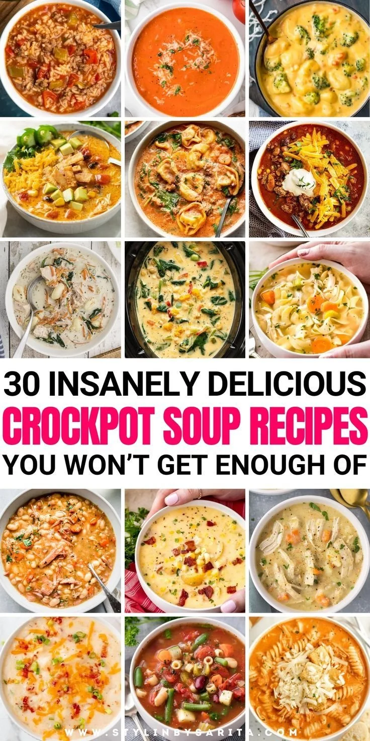 Variety of delicious crockpot soups in bowls, showcasing a range of recipes.