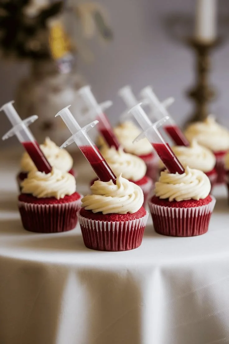 Colorful Halloween cupcakes with spooky decorations on a festive table