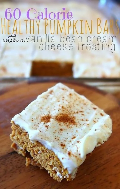 Delicious 60 calorie healthy pumpkin bars with vanilla bean cream cheese frosting