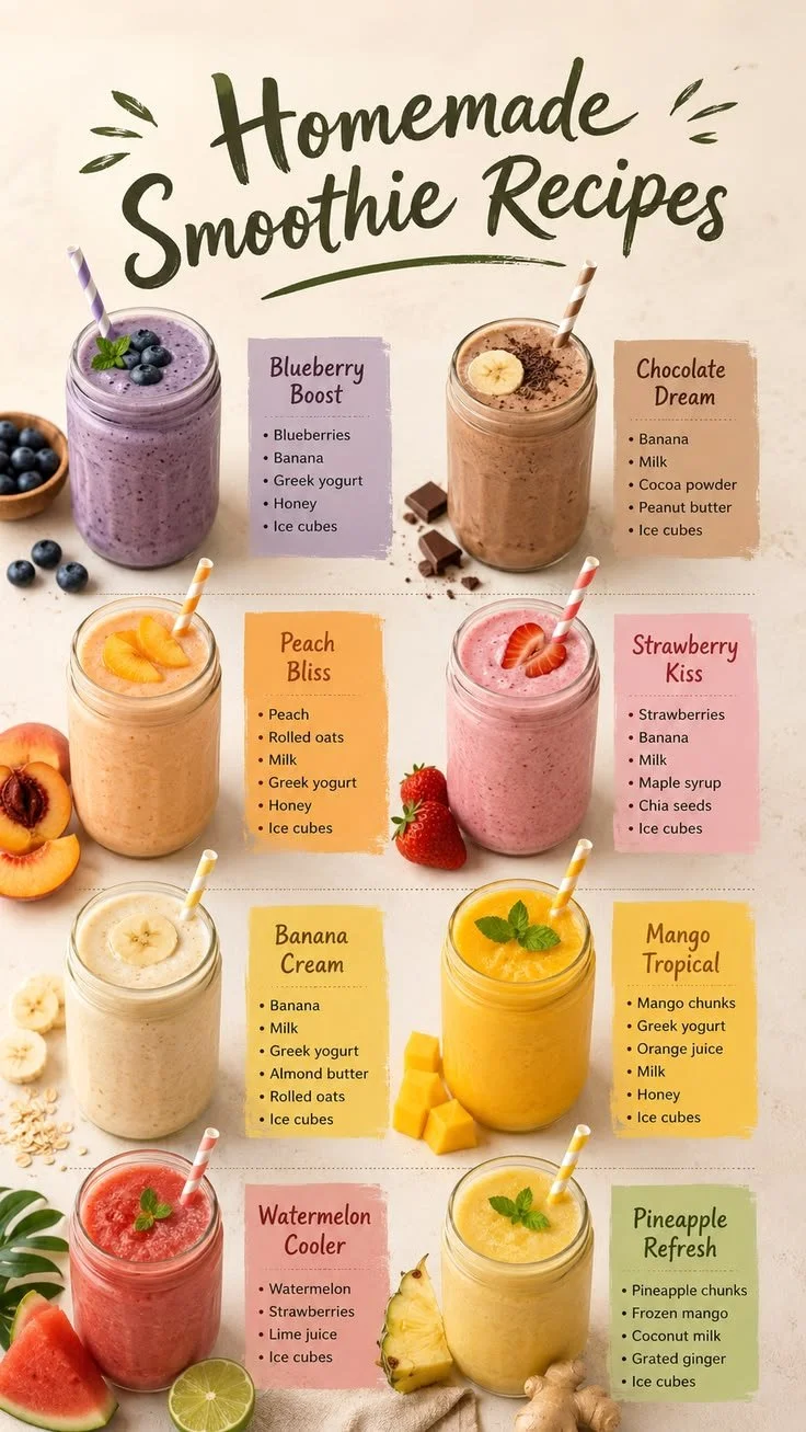 Healthy homemade smoothie recipes for breakfast and snacks.