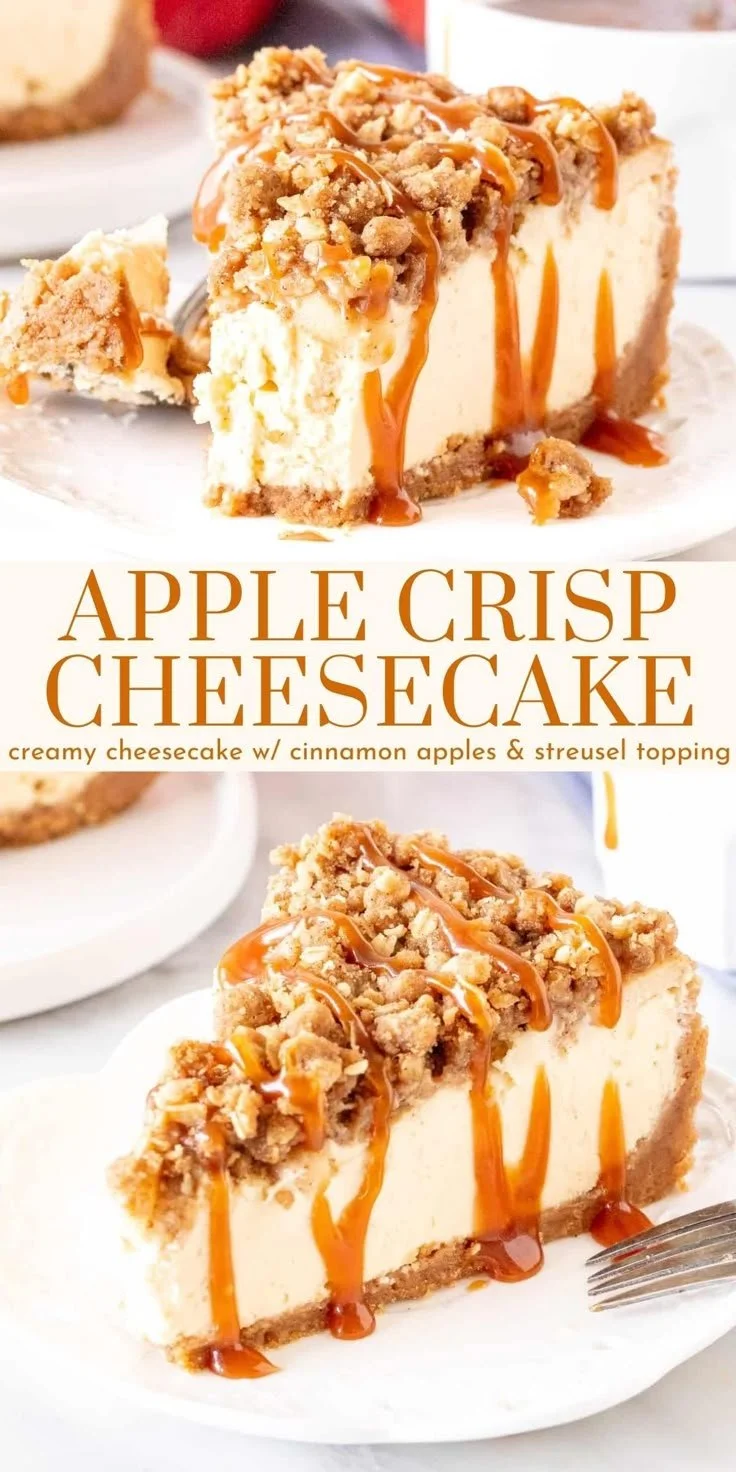 Slice of Apple Crisp Cheesecake topped with apples and crumbly topping