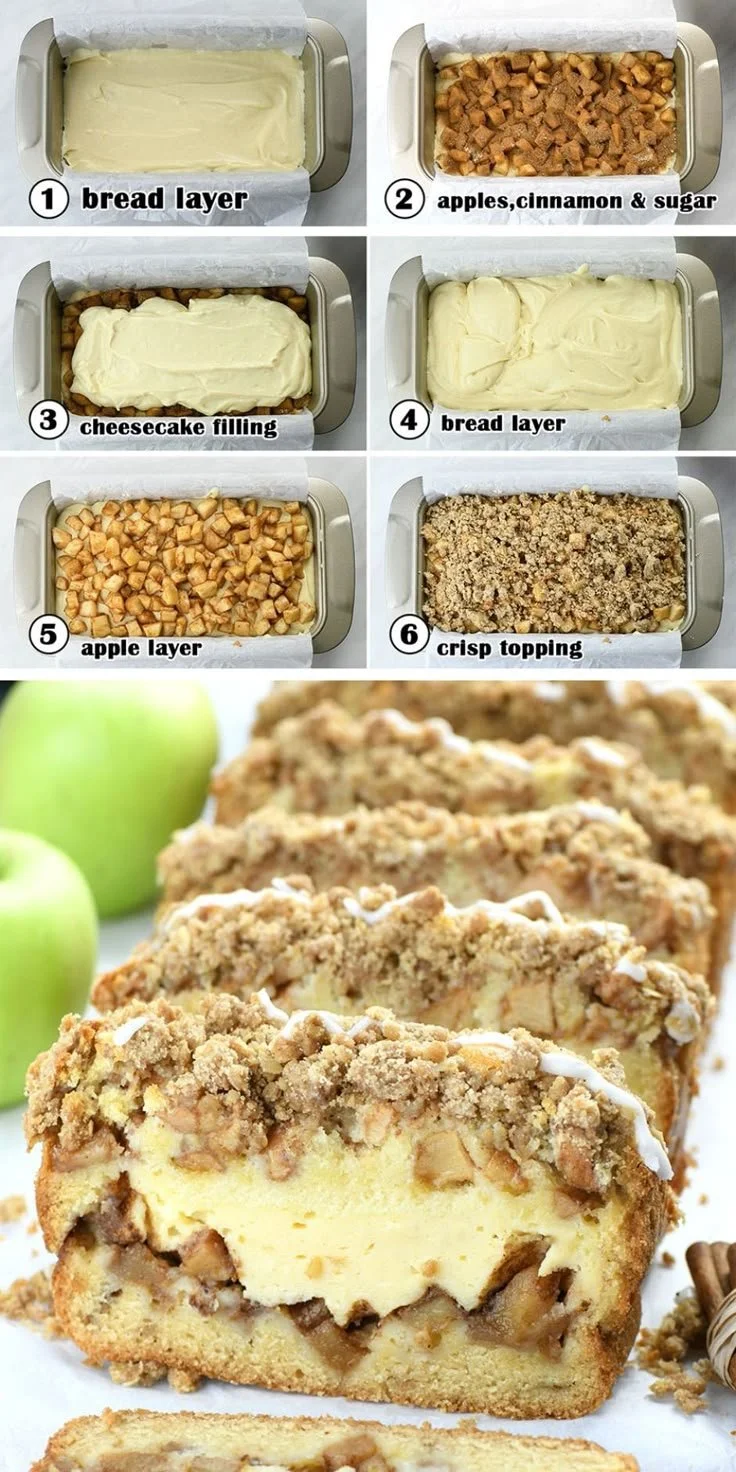 Delicious slice of Apple Crisp Cheesecake Bread topped with apple slices and crumb topping
