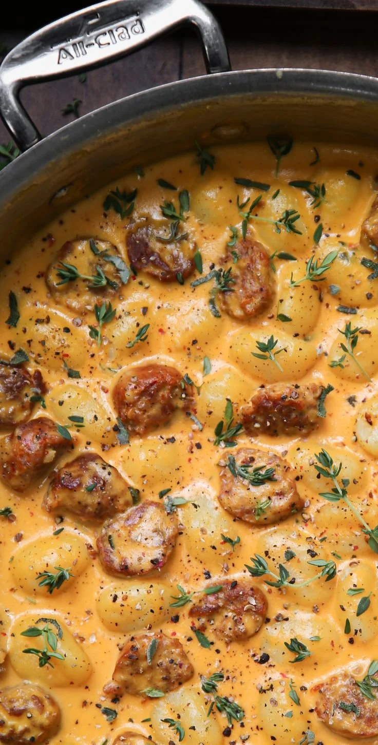 Creamy butternut squash gnocchi dish with sausage, thyme, and sage