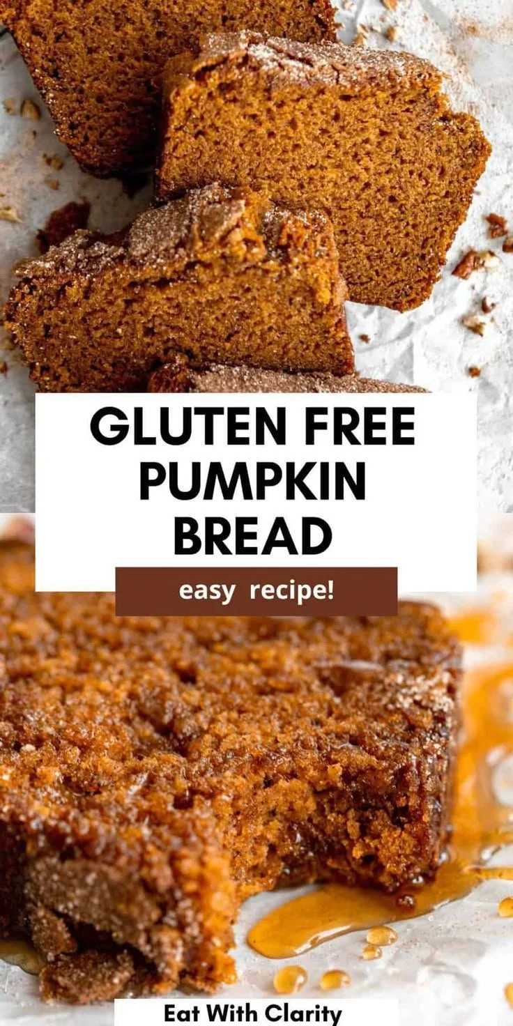 Delicious slice of gluten free pumpkin bread topped with pumpkin seeds.