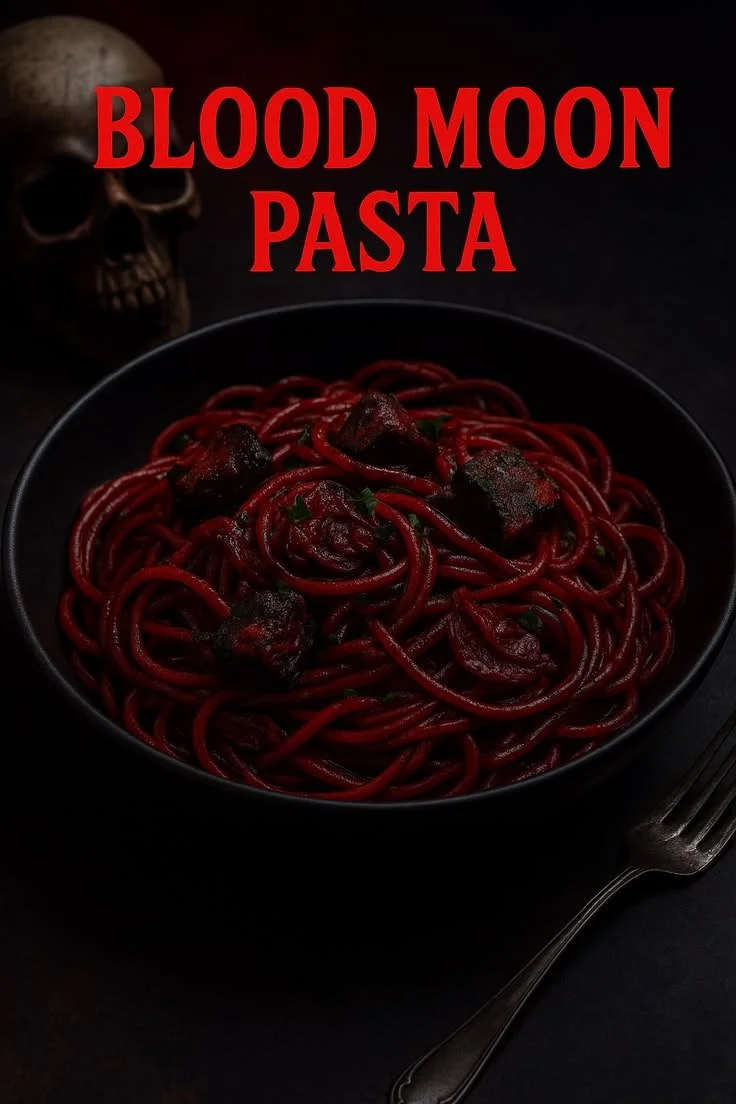 Plate of Blood Moon Pasta with Seared Garlic Shadows garnished and ready to serve