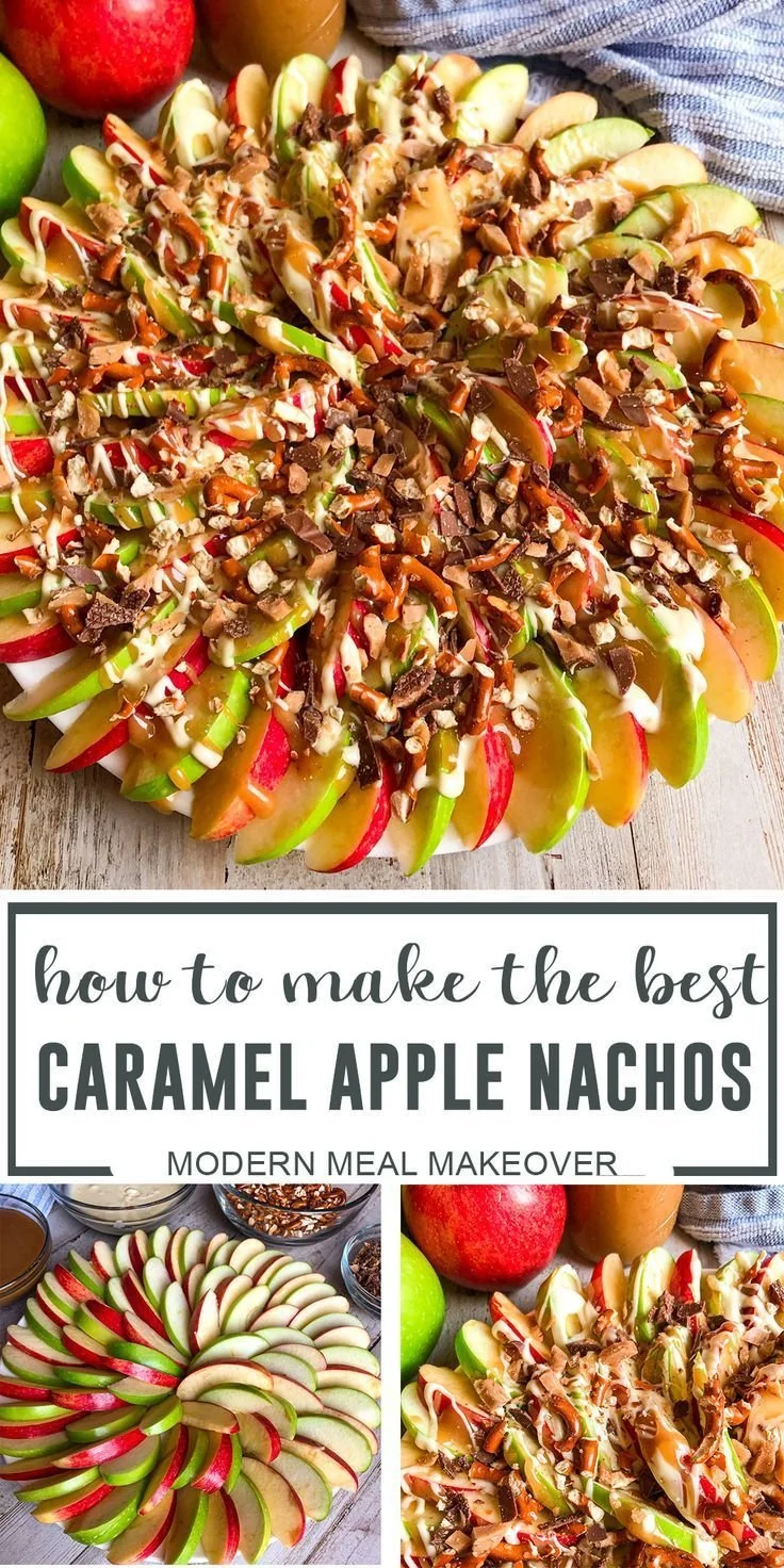 Delicious Caramel Apple Nachos topped with caramel and nuts for a perfect fall snack