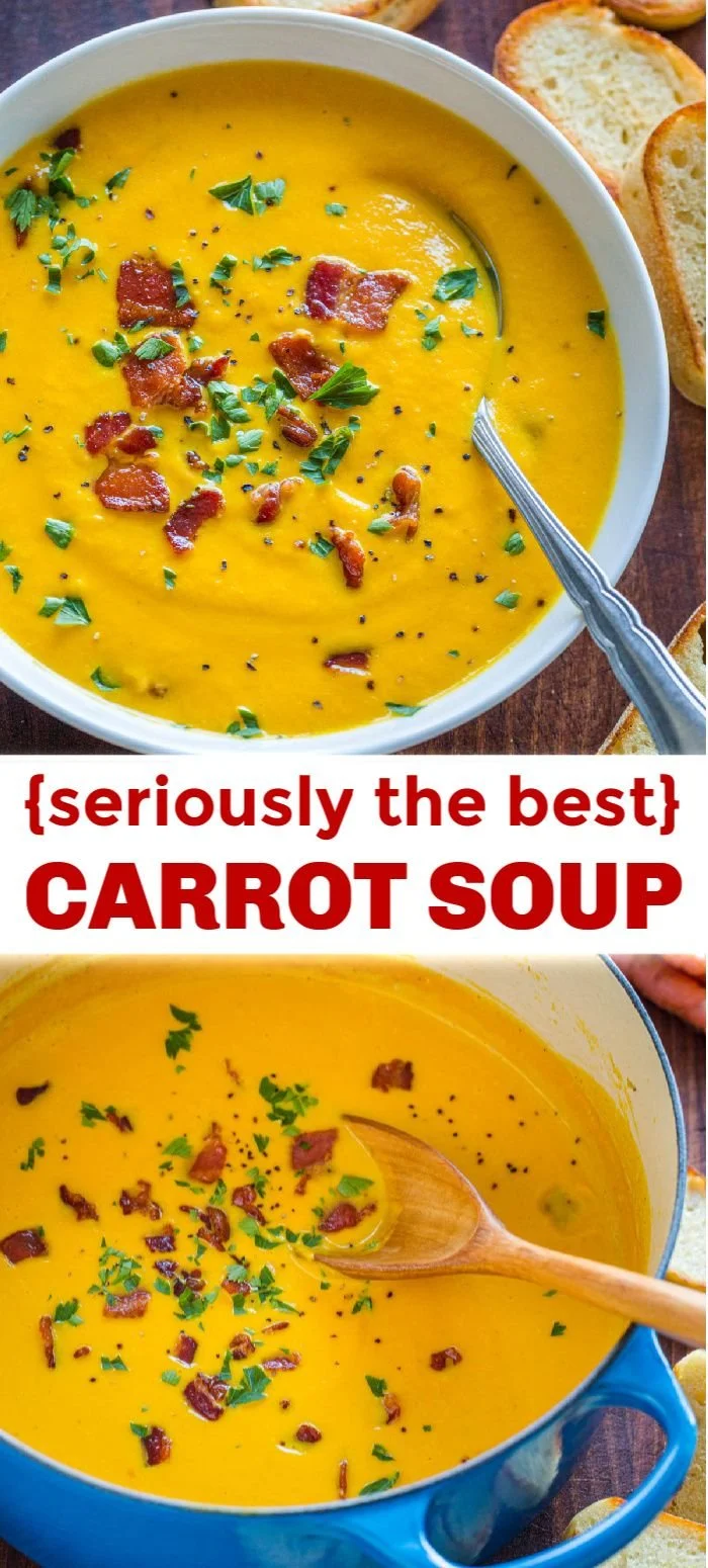 Bowl of creamy carrot soup garnished with herbs