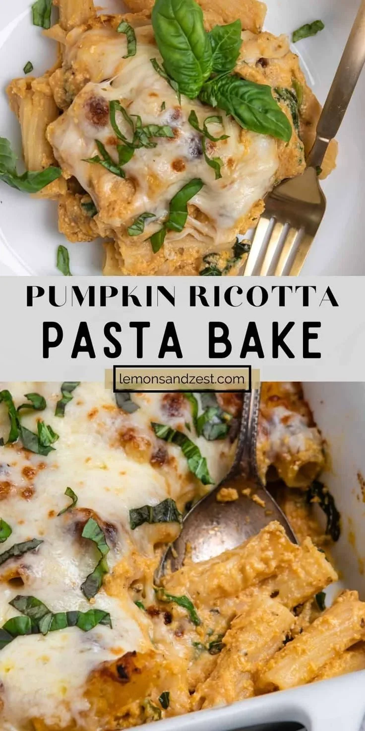 Cheesy Pumpkin Ricotta Pasta Bake served in a ceramic dish