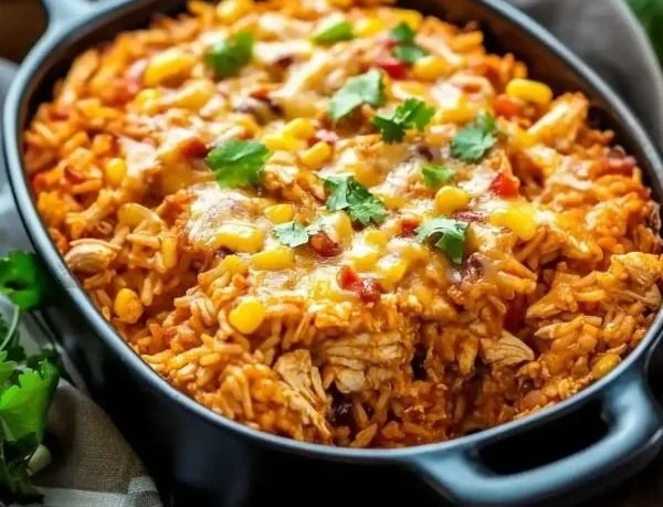 Delicious Chicken Enchilada Rice Casserole topped with cheese and fresh herbs.