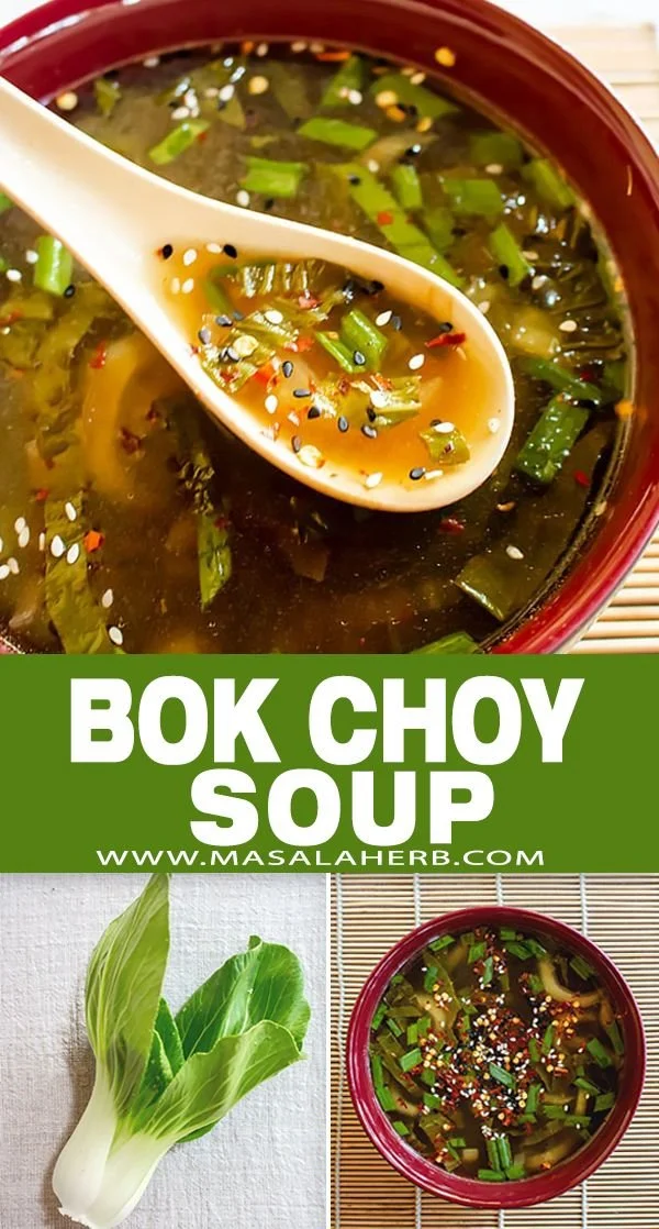 Bowl of clear bok choy soup with green vegetables and broth