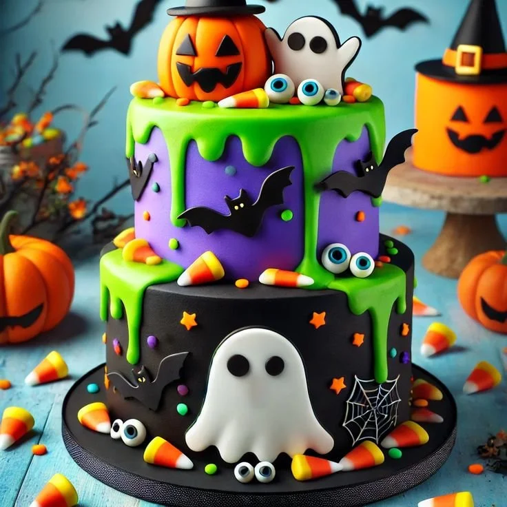 Colorful Halloween cake decorated with pumpkins and candy