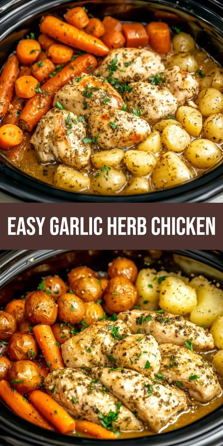 Crockpot garlic herb chicken served on a plate with herbs and vegetables