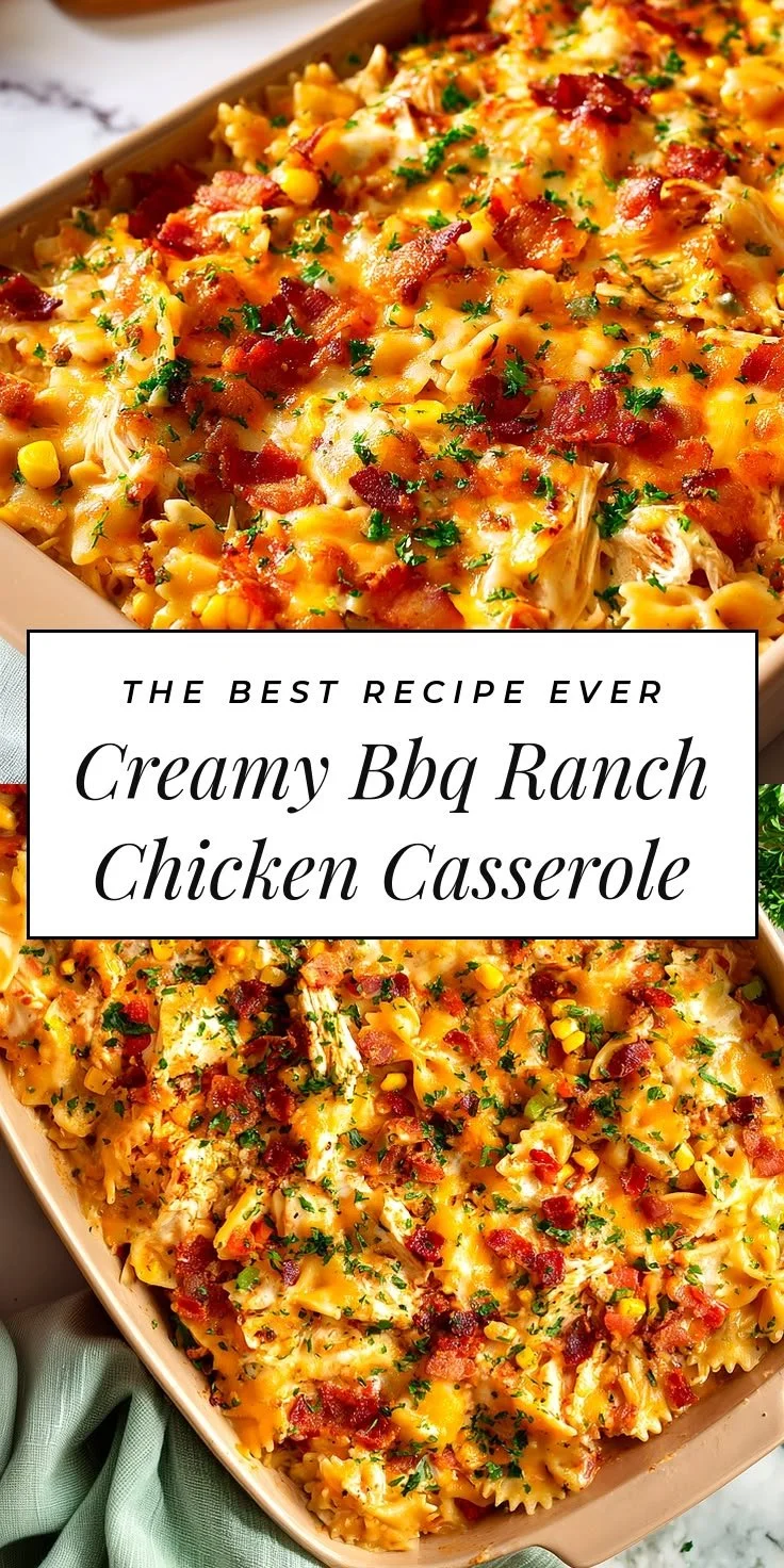 Creamy BBQ Ranch Chicken Casserole topped with melted cheese