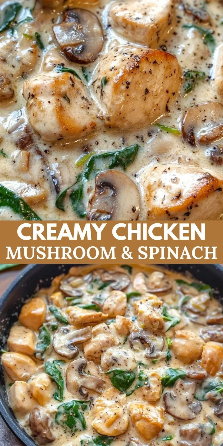 Creamy chicken mushroom spinach skillet recipe cooked in a cast iron pan