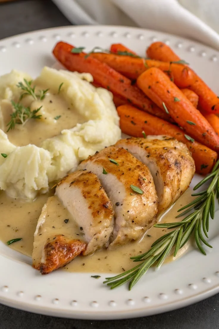 Creamy herb chicken with potatoes on a plate, garnished with fresh herbs