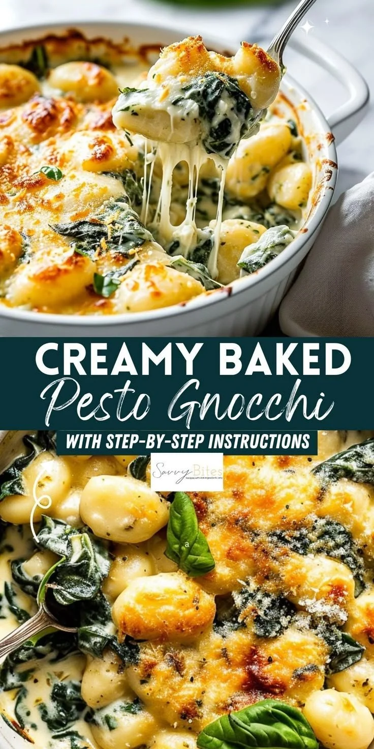 Creamy pesto gnocchi bake with spinach in a casserole dish