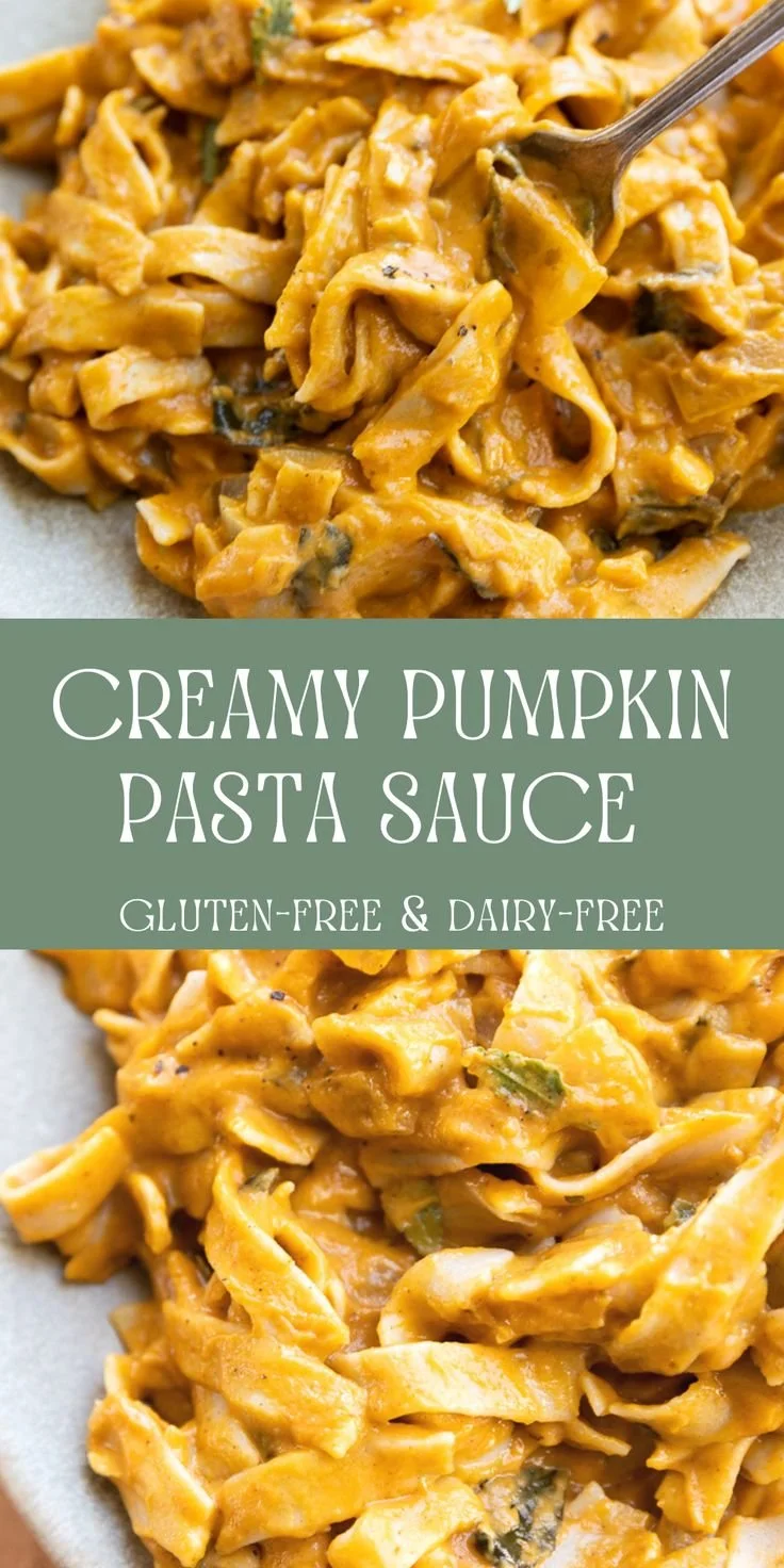 Bowl of creamy pumpkin pasta sauce garnished with herbs