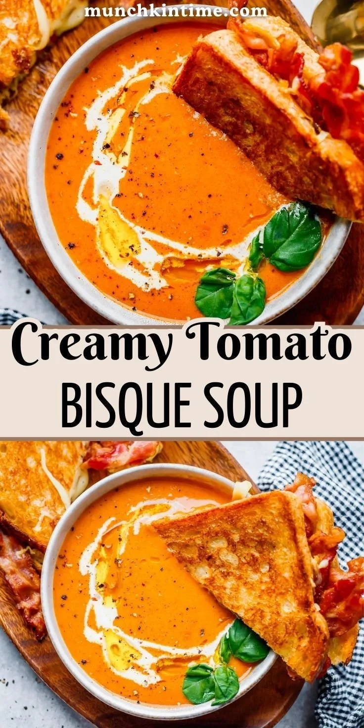 Bowl of creamy tomato bisque soup garnished with fresh basil and a drizzle of cream