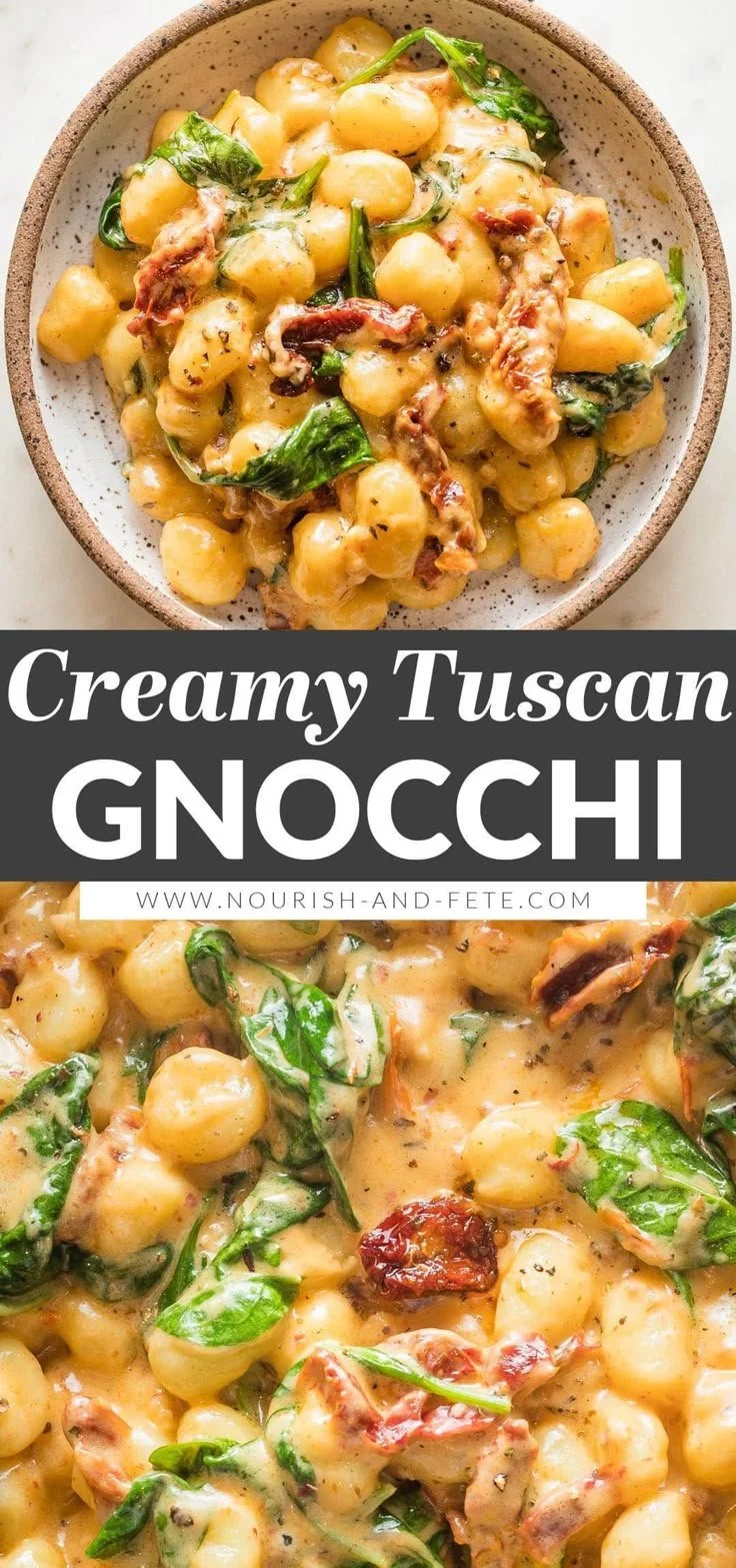 Creamy Tuscan Gnocchi topped with herbs and parmesan cheese.
