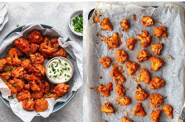 Crispy Buffalo Cauliflower Wings served with dipping sauce on a plate.