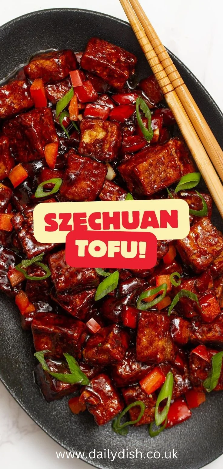 Crispy Szechuan tofu dish garnished with spices and vegetables.