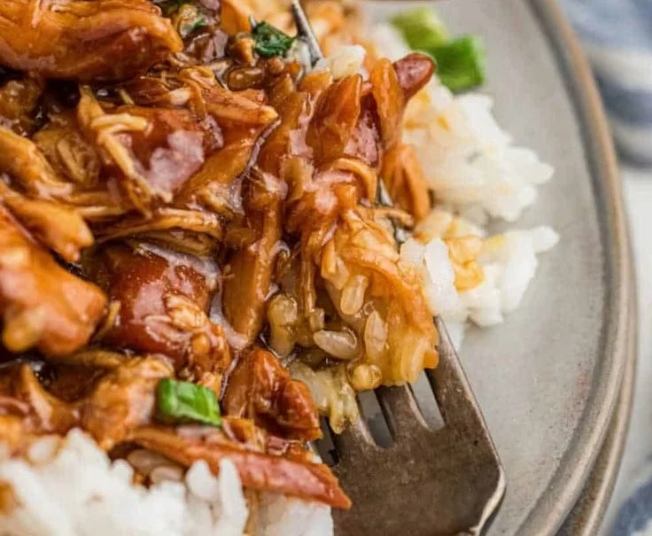 Crock Pot Bourbon Chicken served with rice and vegetables on a plate
