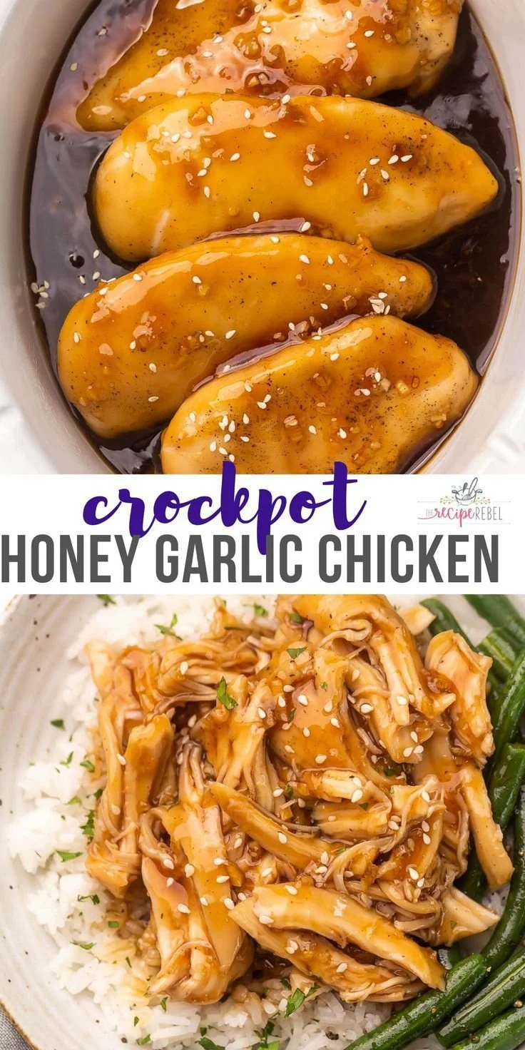 Crockpot Honey Garlic Chicken served with vegetables and rice