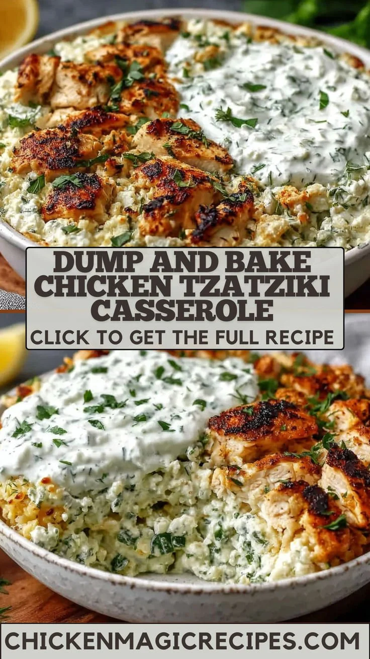 Delicious Chicken Tzatziki Casserole served in a white dish, garnished with fresh herbs.