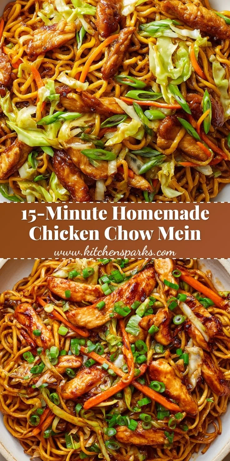 Delicious plate of homemade chicken chow mein with vegetables and noodles