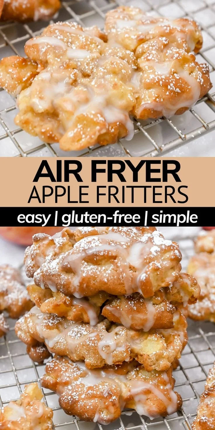 Delicious air fryer apple fritters topped with a sugar glaze