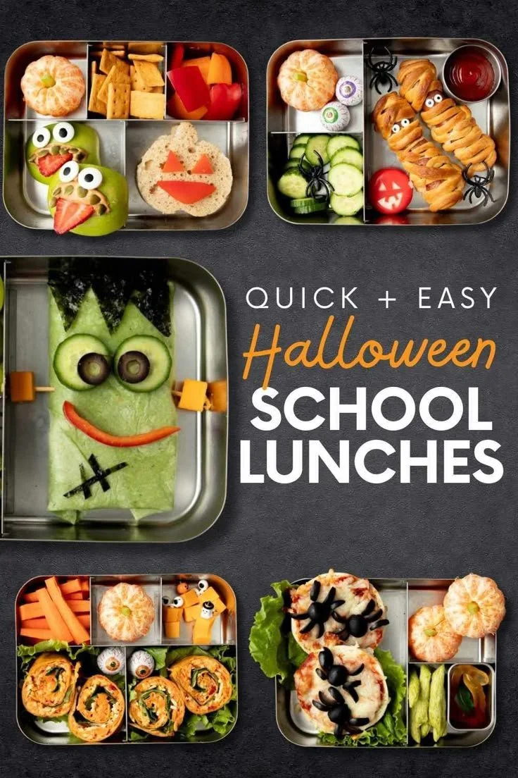 Colorful Halloween-themed lunches for kids, featuring spooky snacks and treats.