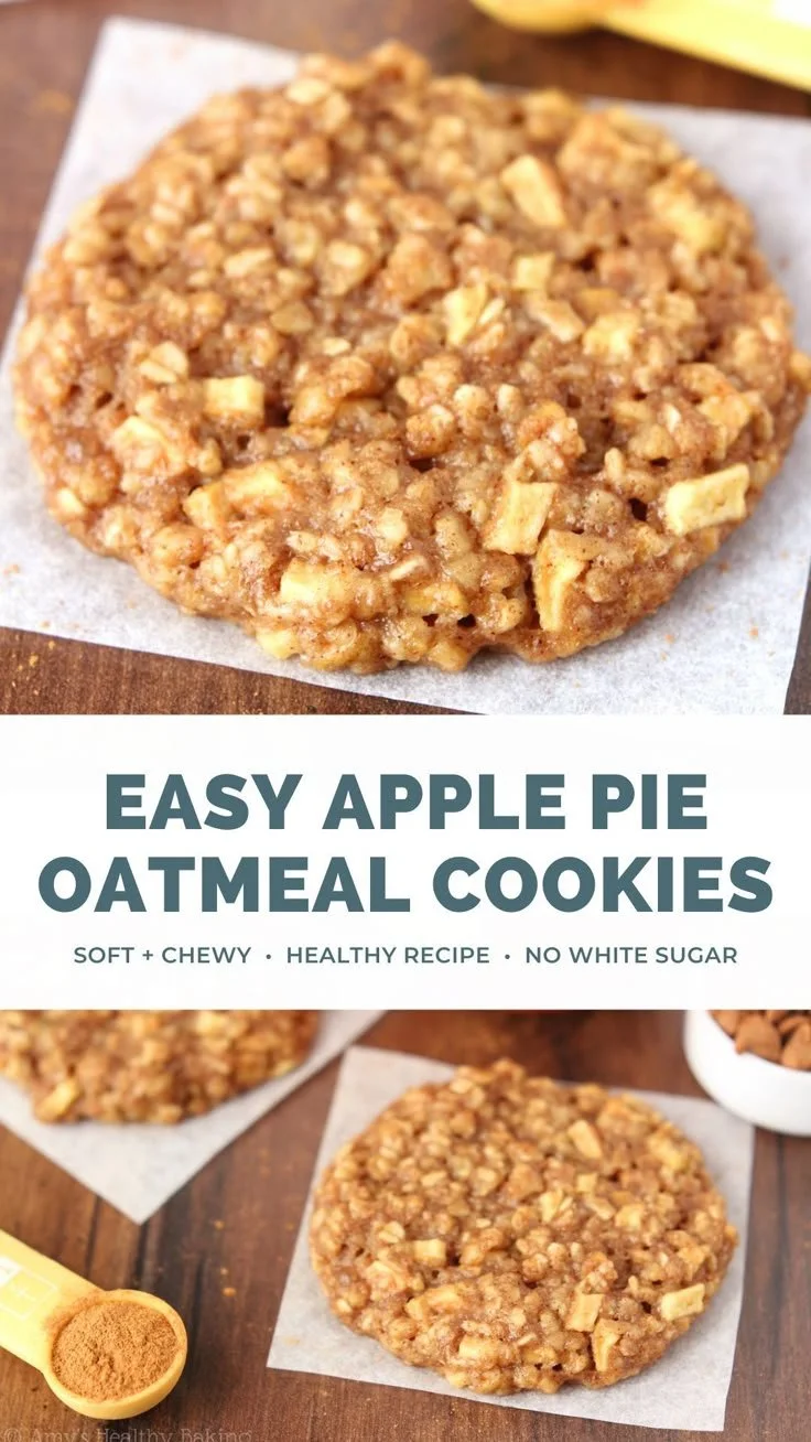 Delicious apple pie oatmeal cookies on a wooden table with cinnamon and apples