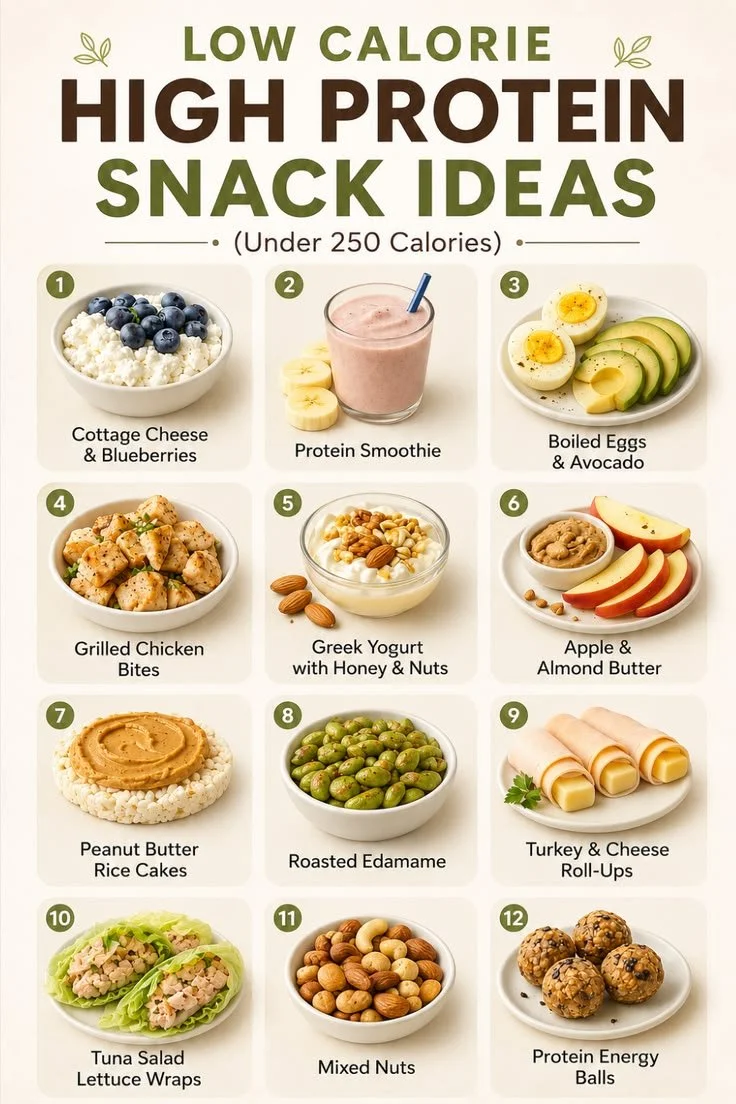 Variety of easy high protein snacks for weight loss, including nuts, yogurt, and shakes.