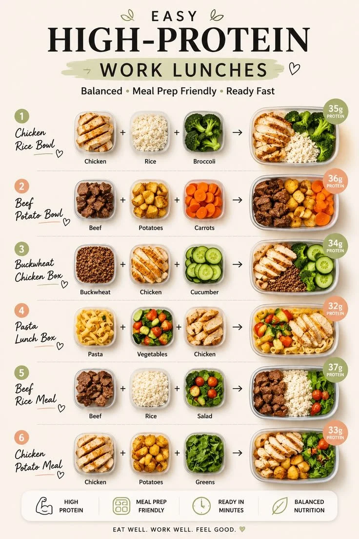 A variety of easy high-protein lunches in meal prep containers.