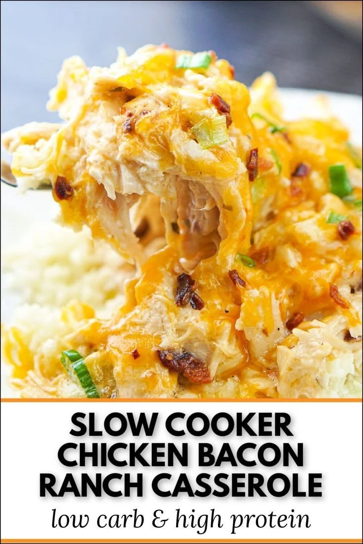 Easy Keto Chicken Bacon Ranch Casserole cooked in a slow cooker