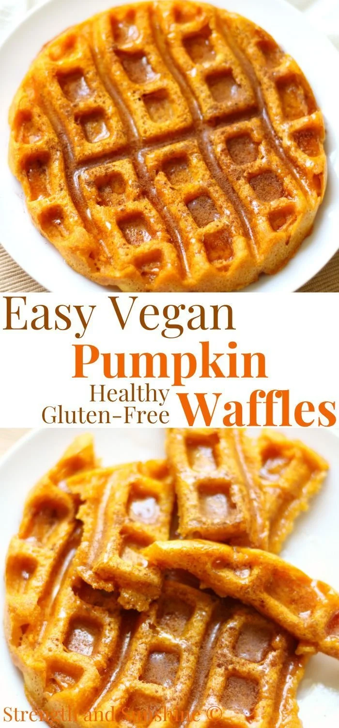 Delicious vegan pumpkin waffles served with maple syrup and pumpkin seeds.