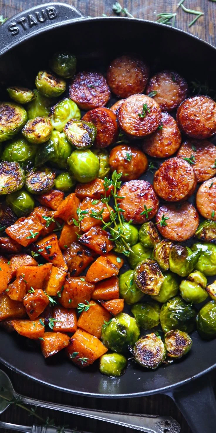 Sausage and Veggies Skillet with butternut squash and Brussels sprouts