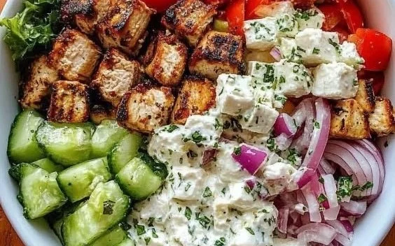 Delicious Greek chicken bowl with rice, vegetables, and tzatziki sauce