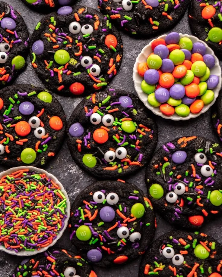 A variety of decorated Halloween cookies shaped like pumpkins, ghosts, and bats.