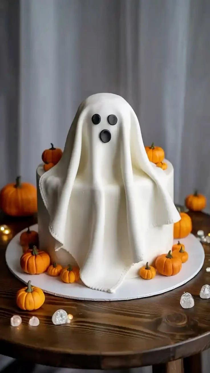 Spooky Halloween Ghost Cake decorated with mini pumpkins for Halloween celebrations