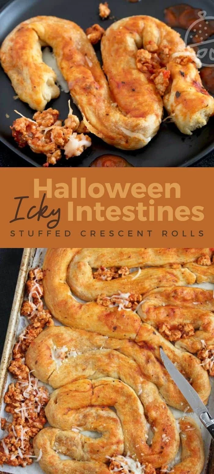 Halloween-themed stuffed crescent rolls resembling intestines on a plate