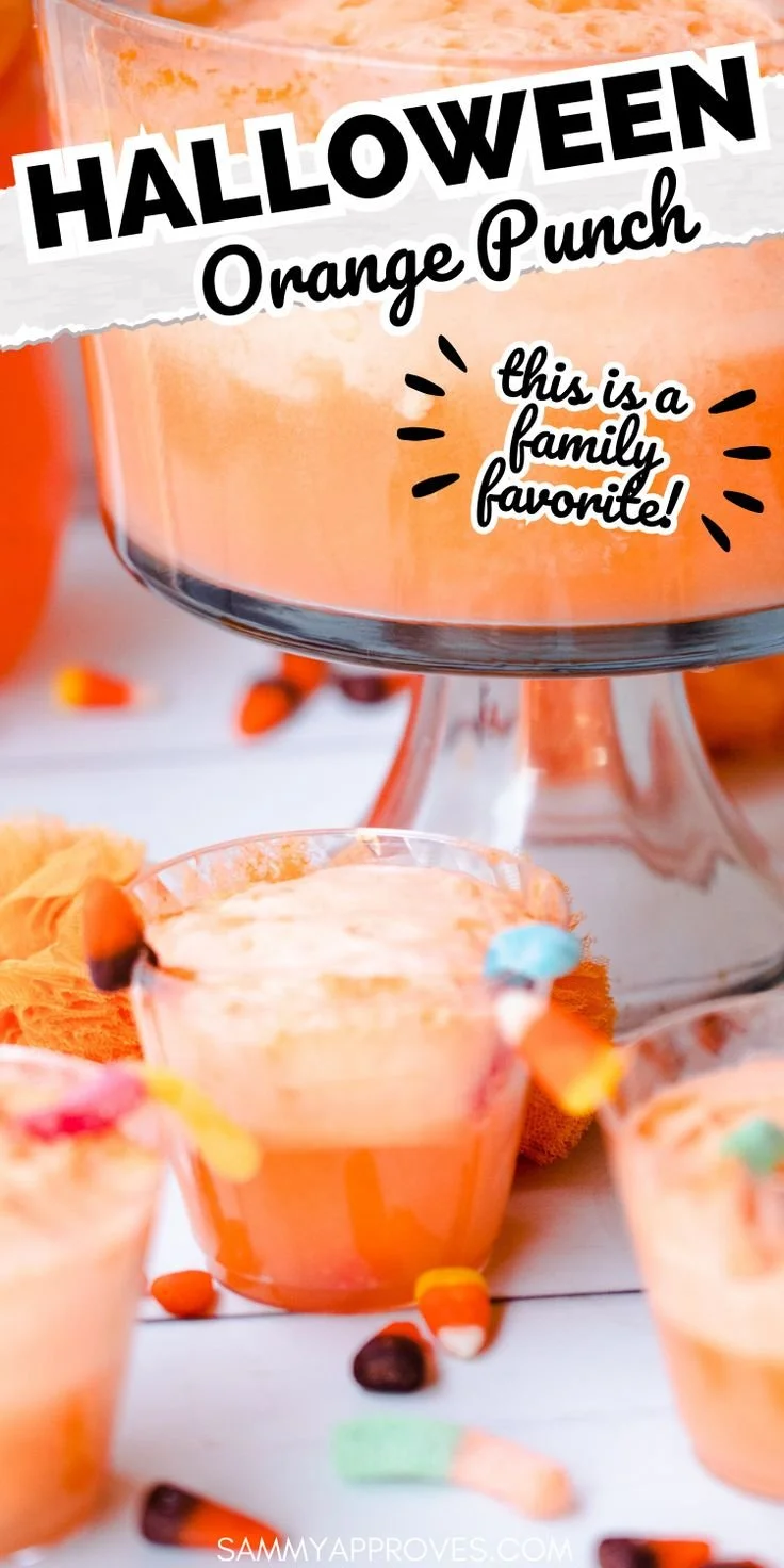 Halloween Orange Punch served in a spooky pumpkin-themed glass