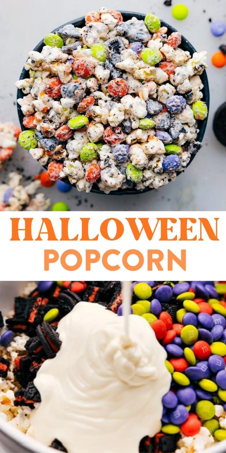 Colorful Halloween popcorn with spooky decorations for a festive treat