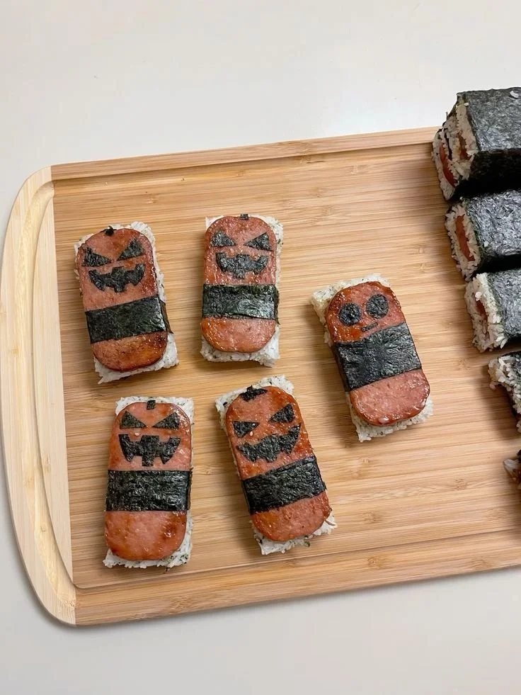Halloween Spam Musubi decorated for a spooky celebration